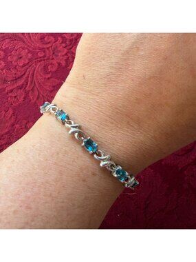 Vintage Sterling Silver 925 Blue Topaz Tennis Bracelet Oval Link Ribbon Clasp 8"